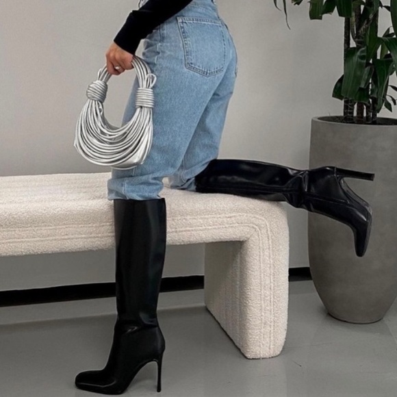 Zara NWOT Black square toe knee high boots premium faux leather heeled boots - Picture 13 of 15